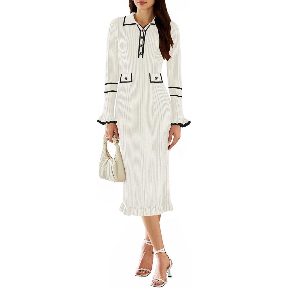 Elegant Women's Long Sleeve V Neck Ribbed Knit Maxi Dress, Slim Fitted Style